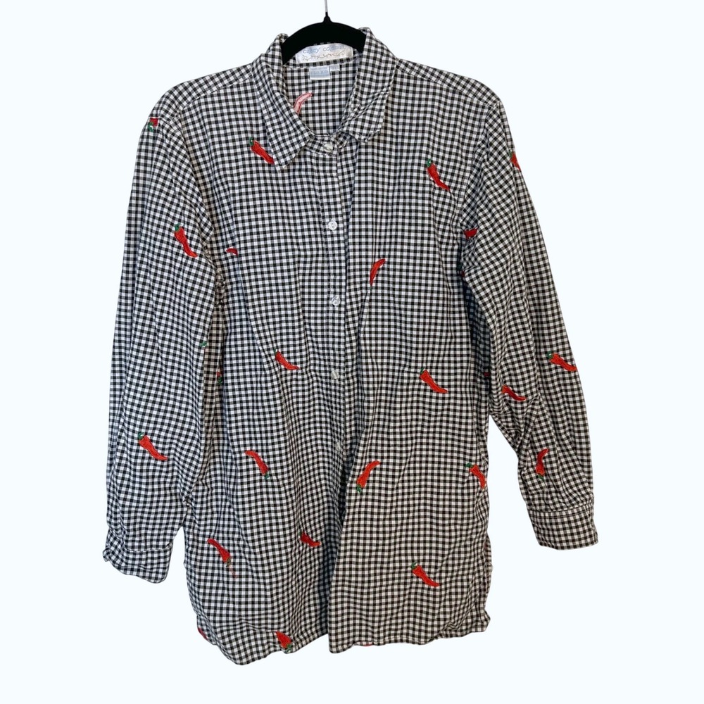 casey coleman womens xl gingham pepper embroidered 100% cotton button down shirt